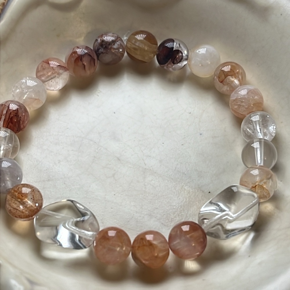 Handcrafted Firestone and quartz stretch bracelet 6.5 inches 8mm beads